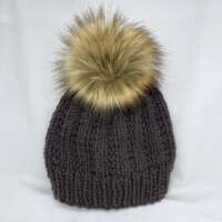 Brown Ribbed Stitch Wool Hat with Faux Fur Pom Pom thumbnail