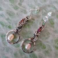Sterling Silver Earrings With Hammered Links and Pearl thumbnail