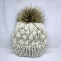Cream Bubble Stitch Wool Hat with Faux Fur Pom Pom thumbnail