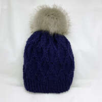 Dark Blue Diamond Stitch Wool Hat with Faux Fur Pom Pom thumbnail