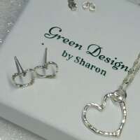 Silver Hammered Heart Necklace and Earrings Set thumbnail