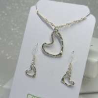 Silver Hammered Heart Necklace and Earrings Set thumbnail