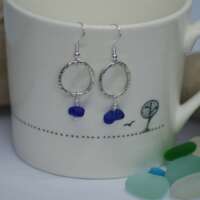 Silver Hammered Earrings with Sea Glass thumbnail