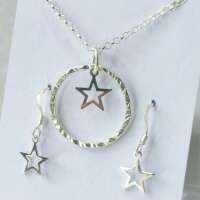 Sterling Silver Hammered Hoop with Open Star Charm Jewellery Set thumbnail