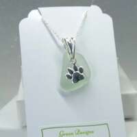Sea Glass with Sterling Silver Dog Paw Print Charm Necklace thumbnail