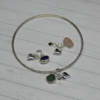 Sterling Silver Bangle with Sea Glass and Heart Charms thumbnail