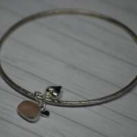 Sterling Silver Bangle with Sea Glass and Heart Charms thumbnail