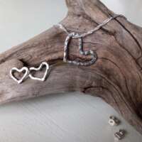 Silver Hammered Heart Necklace and Stud Earrings Set thumbnail