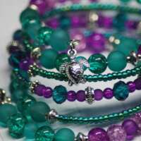 Turquoise and Purple Memory Wire Beaded Bracelet thumbnail