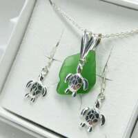 Sterling Silver Sea Glass Turtle Charm Jewellery Set thumbnail