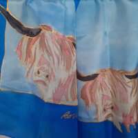 Blue and Gold Highland Cow Long Silk Scarf thumbnail