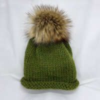 Moss Green Plain Stitch Wool Hat with Faux Fur Pom Pom thumbnail