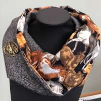 Grey Herringbone Tweed Infinity Scarf with Horse Lining thumbnail
