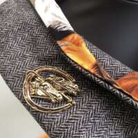 Grey Herringbone Tweed Infinity Scarf with Horse Lining thumbnail