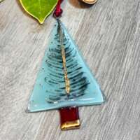 Fused Glass Teal Tree Decoration with Fern Leaf Print thumbnail