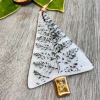 Fused Glass White Tree Decoration with Fern Leaf Print thumbnail