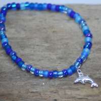 Blue Stretch Beaded Bracelet with Dolphin Charm thumbnail