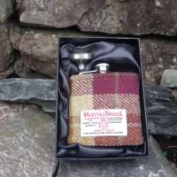 6oz Hip Flask with Maroon and Beige Check Harris Tweed Sleeve thumbnail