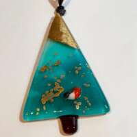 Fused Glass Peacock Blue Christmas Tree Decoration with Robin thumbnail
