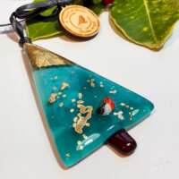 Fused Glass Peacock Blue Christmas Tree Decoration with Robin thumbnail