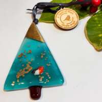 Fused Glass Peacock Blue Christmas Tree Decoration with Robin thumbnail