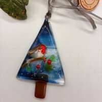 Fused Glass Blue Snow Tree Decoration with Robin thumbnail