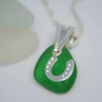 Sea Glass with Sterling Silver Horseshoe Charm Necklace thumbnail