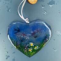 Fused Glass Meadow Flowers and Swallow Heart Decoration thumbnail
