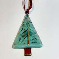 Fused Glass Teal Tree Decoration with Gold and Oak Print thumbnail