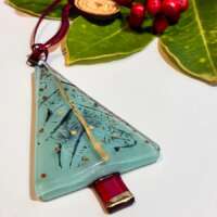 Fused Glass Teal Tree Decoration with Gold and Oak Print thumbnail