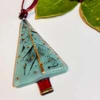 Fused Glass Teal Tree Decoration with Gold and Oak Print thumbnail